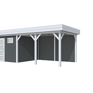 Vuren Topvision Kievit, 400 x 300 en luifel 400 cm, wanden antraciet en basis lichtgrijs.