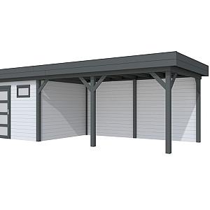 Vuren Topvision Kievit, 400 x 300 en luifel 500 cm, wanden lichtgrijs en basis antraciet.
