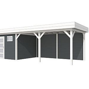 Vuren Topvision Kievit, 400 x 300 en luifel 500 cm, wanden antraciet en basis wit.