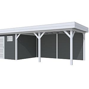 Vuren Topvision Kievit, 400 x 300 en luifel 500 cm, wanden antraciet en basis lichtgrijs.