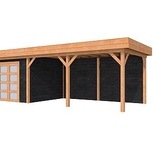 Douglas Topvision Roek, 298 x 298 en luifel 500 cm, wanden zwart geïmpregneerd en basis onbehandeld.