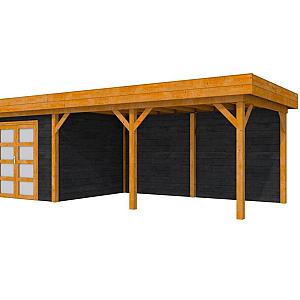 Douglas Topvision Roek, 298 x 298 en luifel 500 cm, wanden zwart geïmpregneerd en basis transparant gespoten.