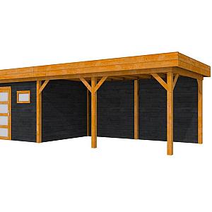 Douglas Topvision Raaf, 298 x 298 en luifel 500 cm, wanden zwart geïmpregneerd en basis transparant 