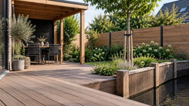 Tuin met houten vlonder, beschoeiing en overkapping