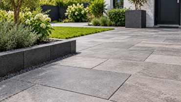Moderne bestrating met groene beplanting