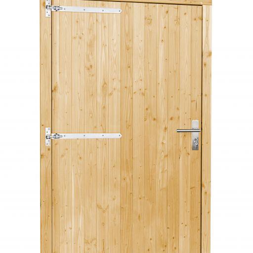Vuren enkele deur inclusief kozijn extra breed en hoog, linksdraaiend, 119 x 209 cm, onbehandeld.
