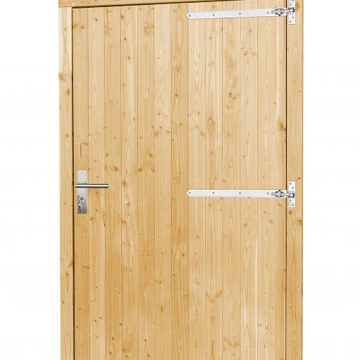 Vuren enkele deur inclusief kozijn extra breed en hoog, rechtsdraaiend, 119 x 209 cm, onbehandeld.