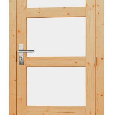 Vuren enkele 4-ruits deur inclusief kozijn, rechtsdraaiend, 90 x 201 cm, onbehandeld.