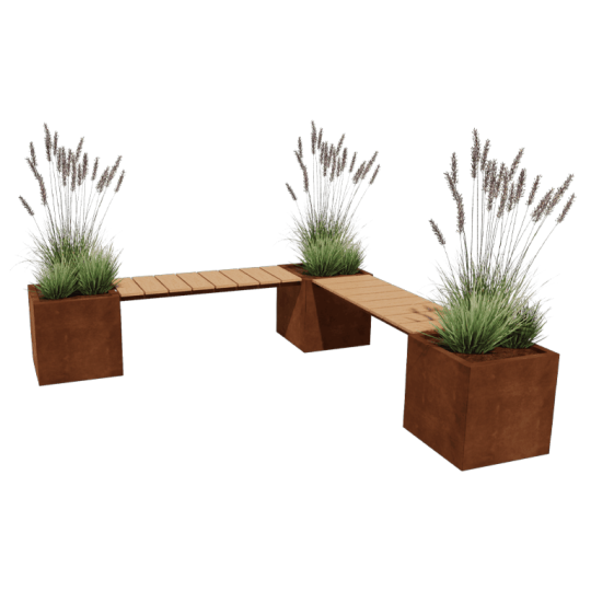 Cortenstaal Plantenbak met bankje 221x50x50 cm hoekopstelling zonder bodem