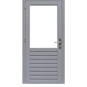 Hardhouten enkele 1-ruits deur Prestige met dubbelglas, linksdraaiend, 109 x 221 cm, grijs gegrond.
