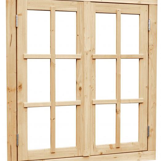 Vuren dubbel uitzetraam met dubbelglas, 112 x 120,5 cm, onbehandeld.