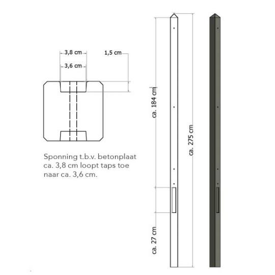 Lichtgewicht betonpaal met diamantkop ongecoat 8,5x8,5x275 cm, tussenpaal, antraciet.
