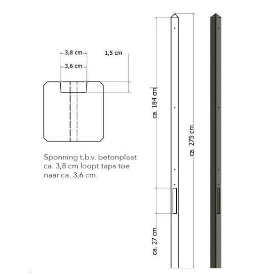 Lichtgewicht betonpaal met diamantkop ongecoat 8,5x8,5x275 cm, eindpaal, antraciet.
