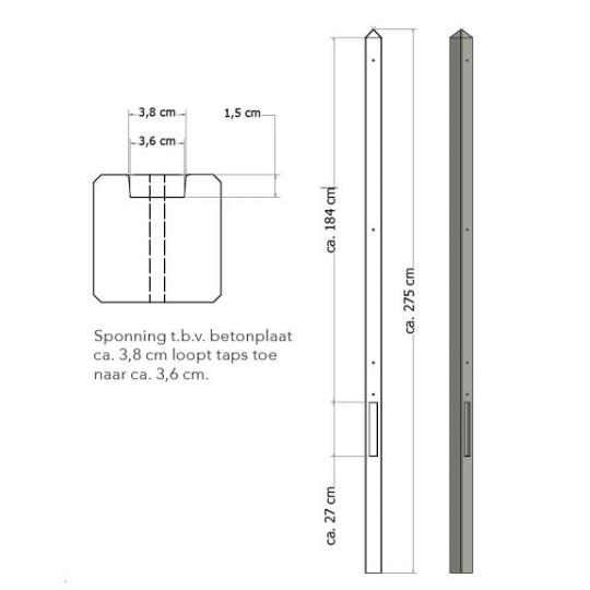 Lichtgewicht betonpaal met diamantkop ongecoat 8,5x8,5x275 cm – Eindpaal, Grijs