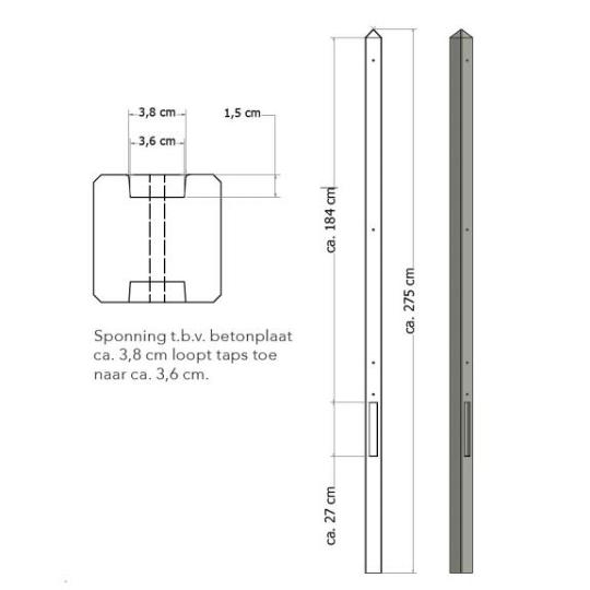 Lichtgewicht betonpaal met diamantkop ongecoat 8,5x8,5x275 cm – Tussenpaal, Grijs