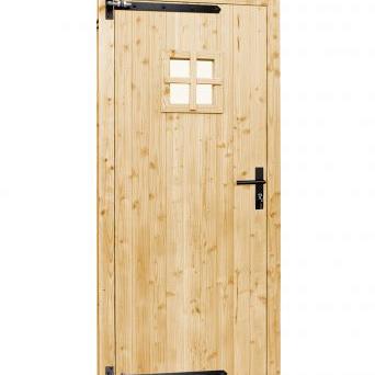 Vuren enkele 1-ruits deur inclusief kozijn, rechtsdraaiend, 90 x 201 cm, onbehandeld.