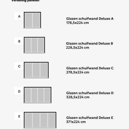 Glazen schuifwand Deluxe C (278,5x224 cm), zwart (RAL9005), inclusief zwarte knop, tochtstrippen en 