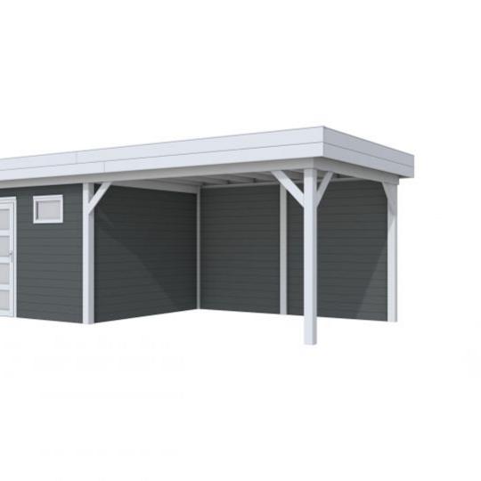 Vuren Topvision Tapuit, 300 x 300 en luifel 400 cm, wanden antraciet en basis lichtgrijs.