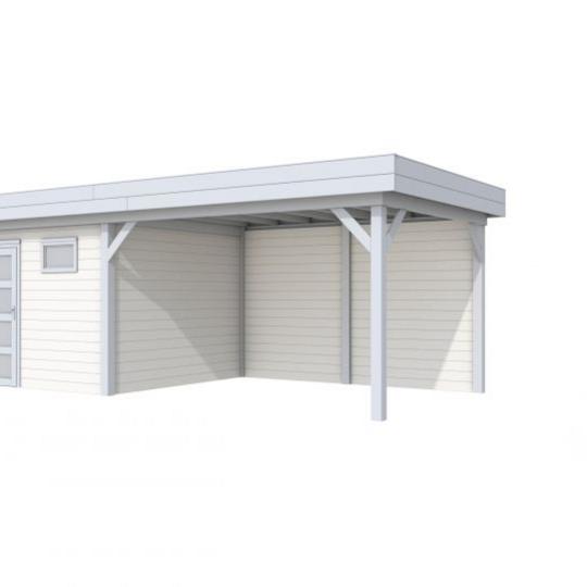 Vuren Topvision Tapuit, 300 x 300 en luifel 400 cm, wanden wit en basis lichtgrijs.