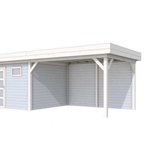 Vuren Topvision Tapuit, 300 x 300 en luifel 400 cm, wanden lichtgrijs en basis wit.