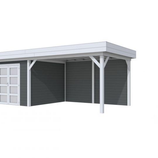 Vuren Topvision Bosuil, 300 x 300 en luifel 400 cm, wanden antraciet en basis lichtgrijs.