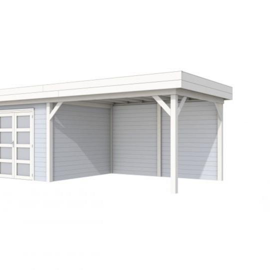 Vuren Topvision Bosuil, 300 x 300 en luifel 400 cm, wanden wit en basis lichtgrijs.