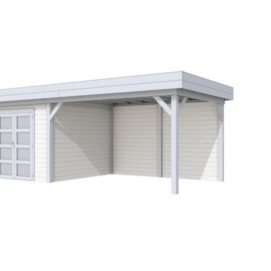 Vuren Topvision Bosuil, 300 x 300 en luifel 400 cm, wanden lichtgrijs en basis wit.