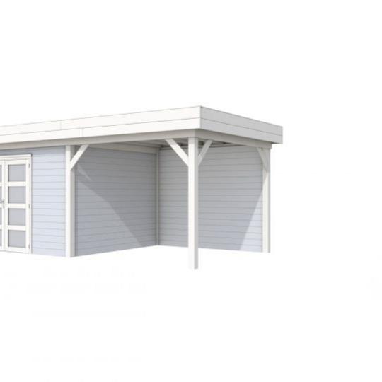 Vuren Topvision Parelhoen, 400 x 300 en luifel 300 cm, wanden lichtgrijs en basis wit.