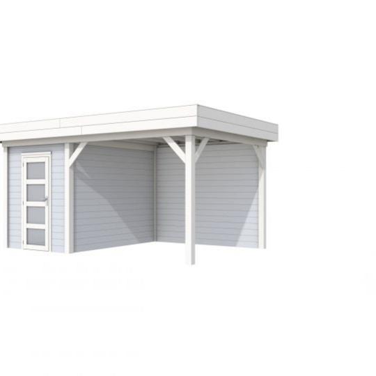 Vuren Topvision Kiekendief, 200 x 300 en luifel 300 cm, wanden lichtgrijs en basis wit.