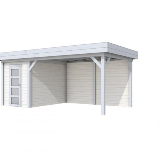 Vuren Topvision Kiekendief, 200 x 300 en luifel 400 cm, wanden wit en basis lichtgrijs.