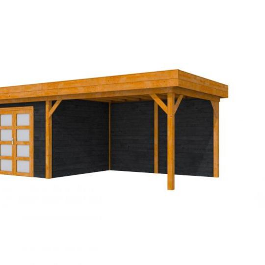 Douglas Topvision Roek, 298 x 298 en luifel 400 cm, wanden zwart geïmpregneerd en basis transparant 