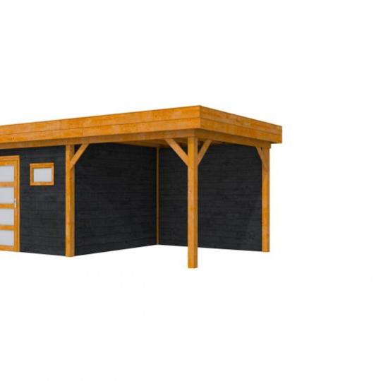 Douglas Topvision Raaf, 298 x 298 en luifel 300 cm, wanden zwart geïmpregneerd en basis transparant 