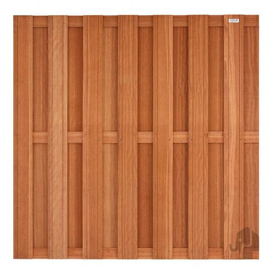 Elephant schutting Kempas FSC hardhout – 4,5 x 180 x 180 cm – 14 planks – 15 mm – V-groeven – RVS