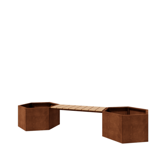 Cortenstaal plantenbak - Zeshoek - 294,4 x 99,3 x 50 cm - Met bankje - Zonder bodemplaat