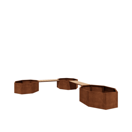 Cortenstaal plantenbak - Achthoek - Hoekopstelling - 362,6 x 120,7 x 50 cm - Met bankje - Zonder bodemplaat