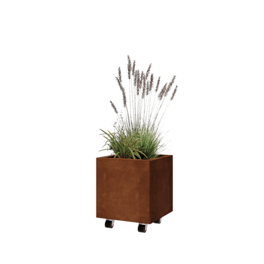 Cortenstaal plantenbak - Vierkant - 40 x 40 x 40 cm - Met bodemplaat - Met wielen