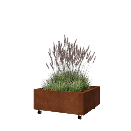Cortenstaal plantenbak - Vierkant - 80 x 80 x 30 cm - Met bodemplaat - Met wielen
