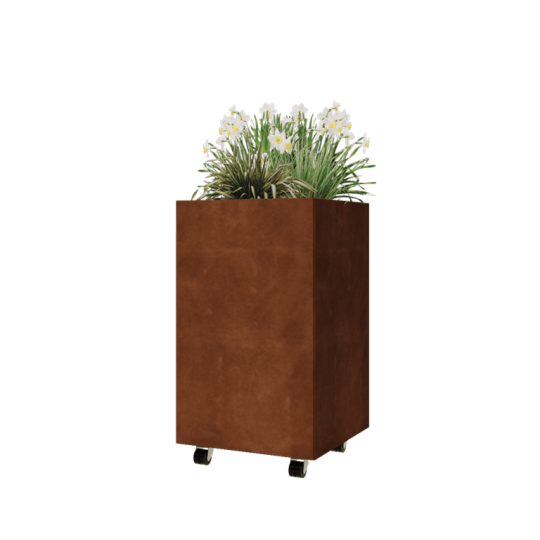Cortenstaal plantenbak - Vierkant - 50 x 50 x 80 cm - Met bodemplaat - Met wielen