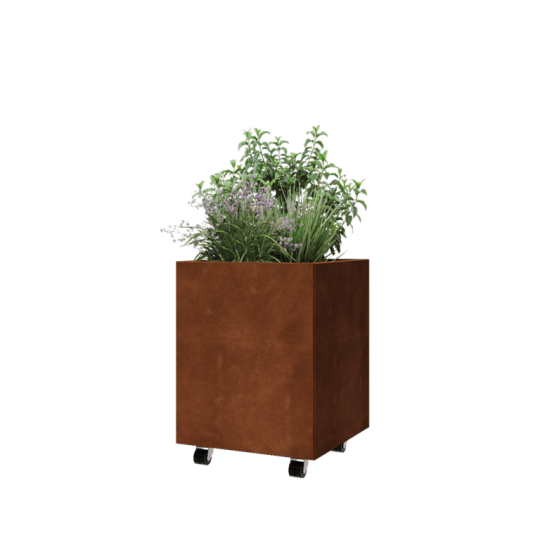 Cortenstaal plantenbak - Vierkant - 50 x 50 x 60 cm - Met bodemplaat - Met wielen