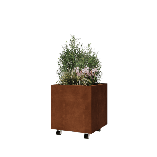Cortenstaal plantenbak - Vierkant - 50 x 50 x 50 cm - Met bodemplaat - Met wielen