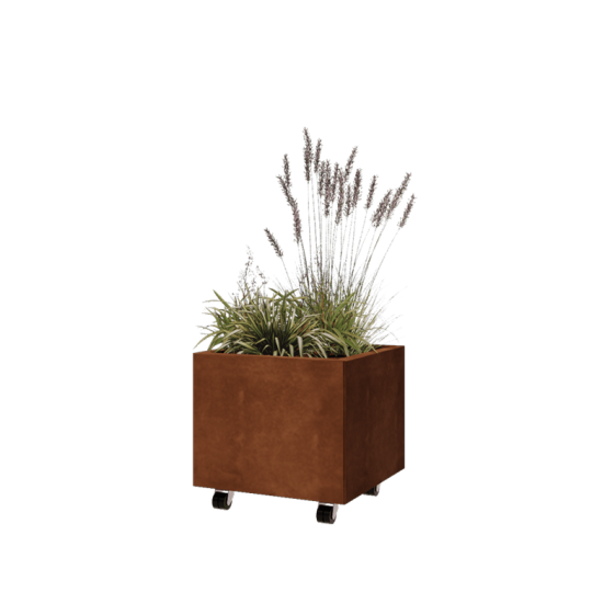 Cortenstaal plantenbak - Vierkant - 50 x 50 x 40 cm - Met bodemplaat - Met wielen