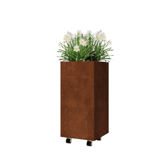 Cortenstaal plantenbak - Vierkant - 40 x 40 x 80 cm - Met bodemplaat - Met wielen