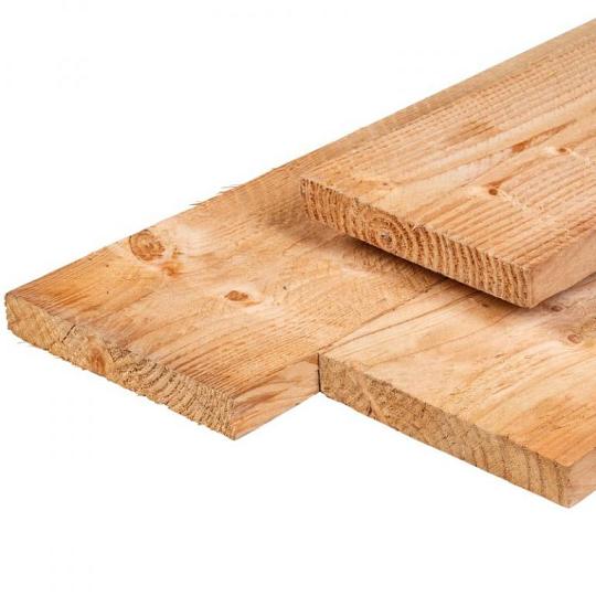 Douglas plank 2,8 x 24,5 x 400 cm, gedroogd, 3 zijden geschaafd, 1 zijde fijnbezaagd, vellingkant