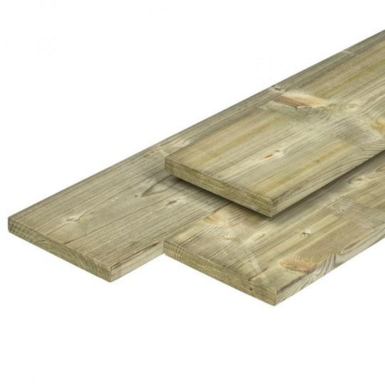 Grenen plank 1,5 x 14,0 x 400 cm, vers, groen geïmpregneerd, geschaafd, 4 ronde hoeken, PEFC