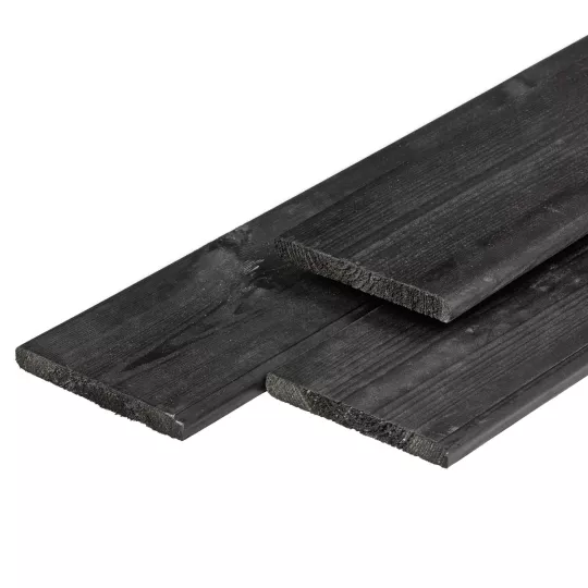 Grenen plank 1,6 x 14 x 180 cm, gedroogd, zwart gespoten, geschaafd, 4 ronde hoeken