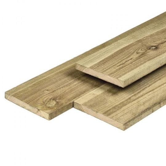 Grenen plank 1,6 x 14,0 x 500 cm, vers, groen geïmpregneerd, geschaafd, 4 ronde hoeken, PEFC