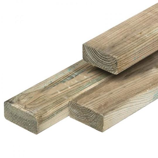 Grenen regel 4,4 x 9,5 x 400 cm, vers, groen geïmpregneerd, geschaafd, 4 ronde hoeken, PEFC