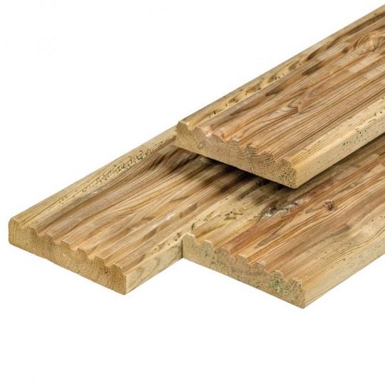 Grenen vlonderplank 2,8 x 14,0 x 400 cm, vers, groen geïmpregneerd, geschaafd, 1 zijde 8 groeven, FS