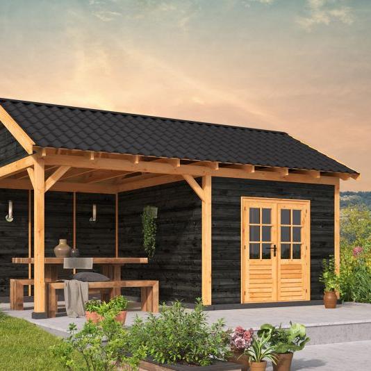 Overkapping Hamar XL Type 3 Douglas gedroogd potdekselplank zwart – ruime en luxe buitenoverkapping