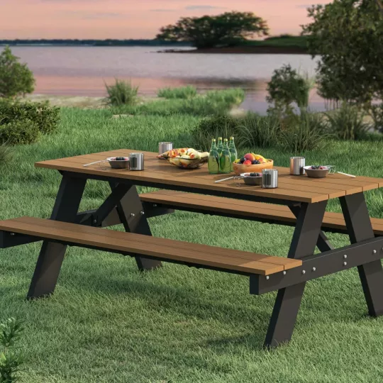 NewTechWood picknicktafel met zwart onderstel, bladmaat 180 x 70 cm, Teak